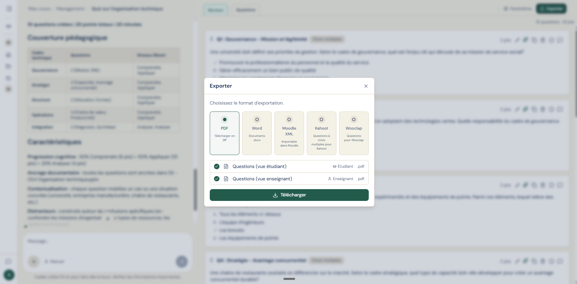 Options d'export en PDF, Word, Moodle, Kahoot et Wooclap